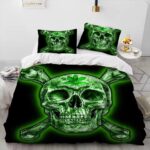 Stoner Vibes Green Skull Cannabis Leaves Glow Bedding Set