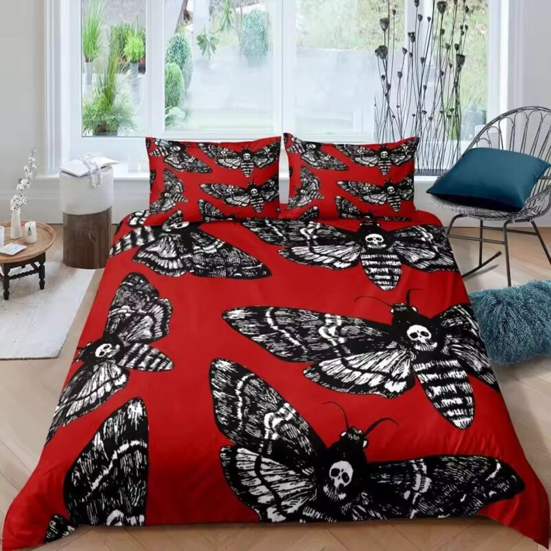 Striking Red Death Moth Skull Print Gothic Bedding Set