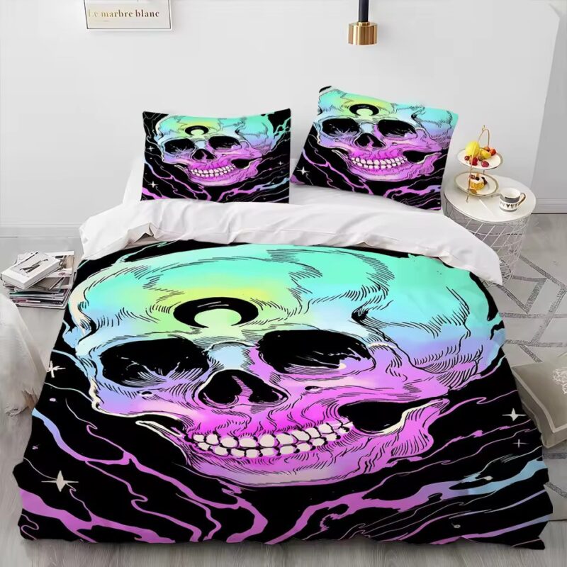 Trippy Neon Psychedelic Cosmic Skull Artwork Bedding Set