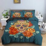 Vibrant Day of the Dead Sugar Skull Orange Rose Bedding Set