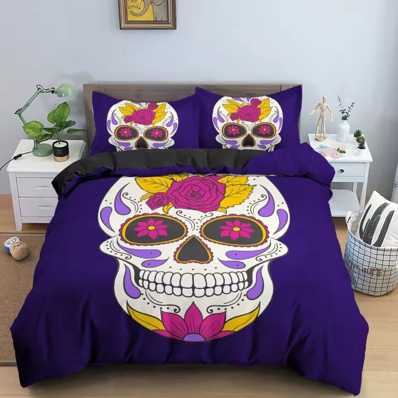 Vibrant Day of the Dead Sugar Skull Purple Bedding Set