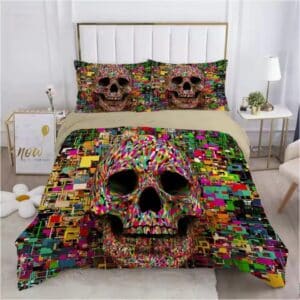 Vibrant Psychedelic Geometric Skull Mosaic Bedding Set