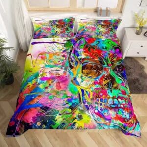 Vibrant Psychedelic Sugar Skull Paint Splash Bedding Set