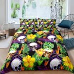 Vibrant Tropical Skull Paradise Hibiscus Leaves Bedding Set