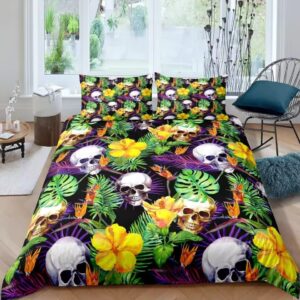 Vibrant Tropical Skull Paradise Hibiscus Leaves Bedding Set