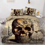 Vintage Antique Script Skull Floral Sketch Art Bedding Set