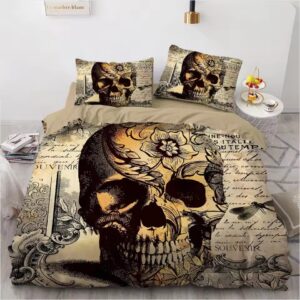 Vintage Antique Script Skull Floral Sketch Art Bedding Set