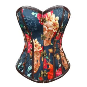 Vintage Chic Floral Skull Print Steampunk Overbust Corset