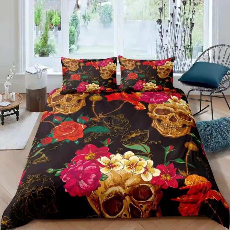 Vintage Golden Skull Floral Gothic Pattern Black Bedding Set