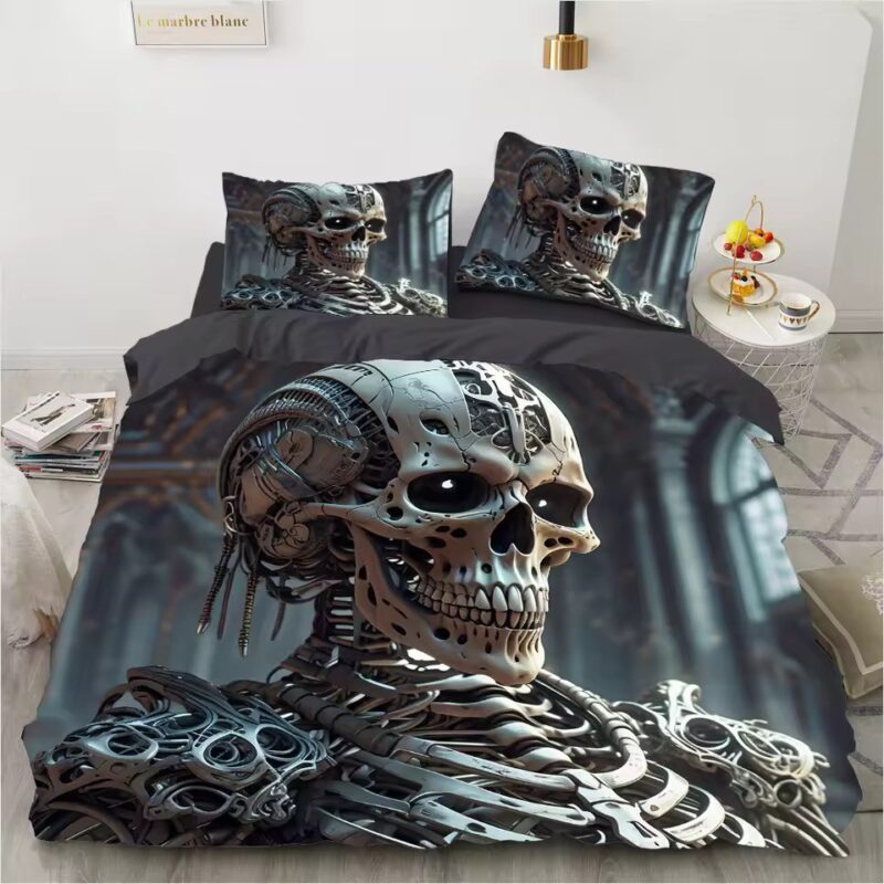 Cybernetic Skull Intricate Metal Bones Graphic Bedding Set