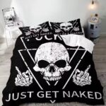 Edgy Just Get Naked Skull Middle Finger Black Bedding Set