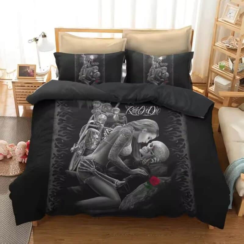 Erotic Gothic Couple Ride or Die Skeleton Biker Bedding Set