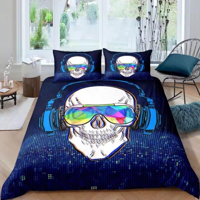 Futuristic Vibrant Neon DJ Skull Glitch Art Bedding Set