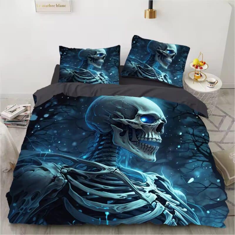 Glowing Blue-Eyed Skeleton Midnight Gothic Bedding Set