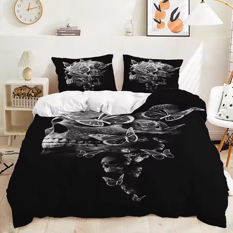 Gothic Abstract Skull & Butterflies Art Black Bedding Set