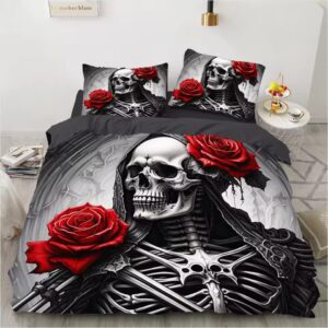 Gothic Skeleton & Red Roses Dark Romance Bedding Set