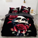 Gothic Skull & Red Roses Black Dark Romance Bedding Set