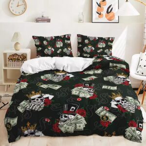 High Roller Dollar Spade Skull Icon Pattern Bedding Set