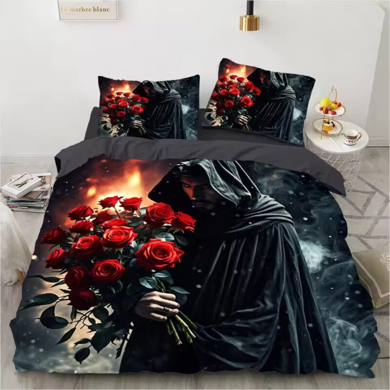 Mysterious Hooded Skeleton Red Roses Gothic Bedding Set