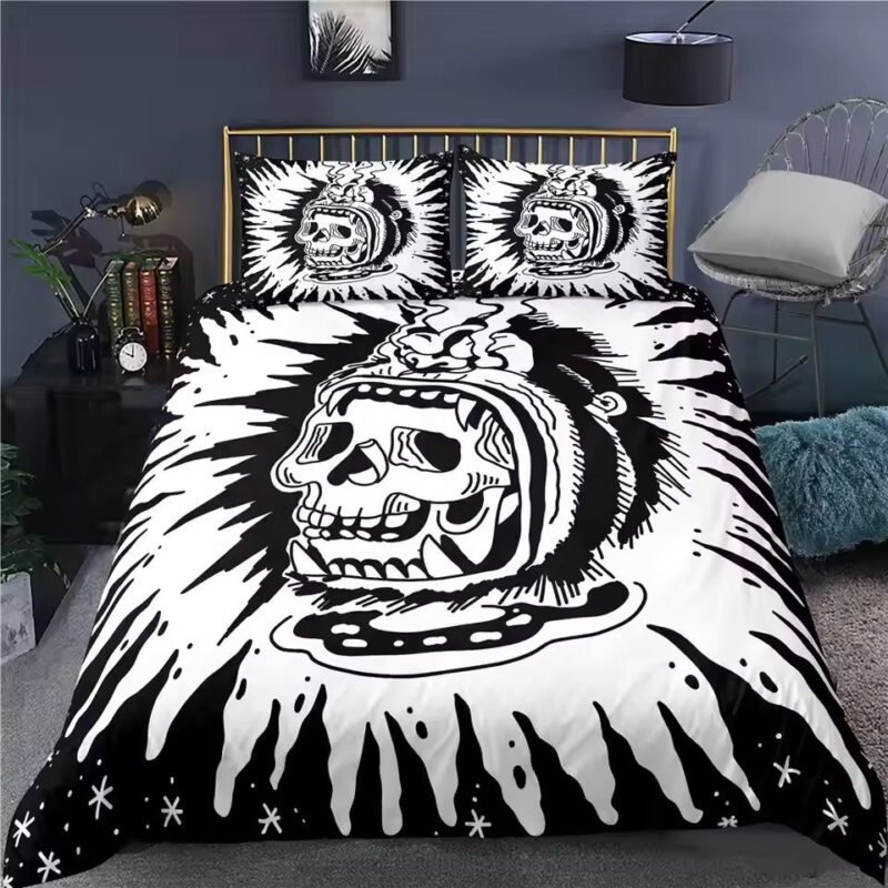 Psychedelic Abstract War Chief Skull Monochrome Bedding Set