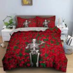 Romantic Skeleton Buried In Red Roses Gothic Bedding Set