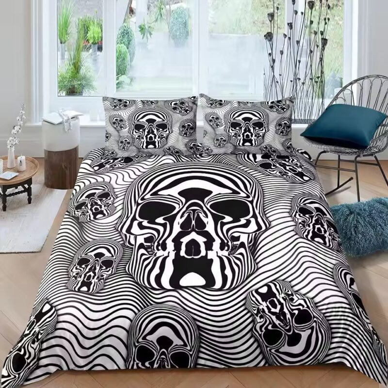 Trippy Hypnotic Skull Wave Black & White Bedding Set