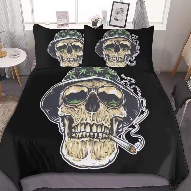 Trippy Stoner Skull Head Smoking Cannabis Black Bedding Set