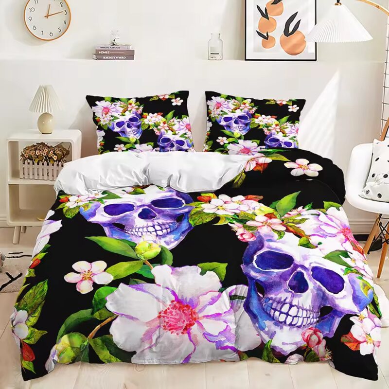 Vibrant Botanical Watercolor Skull Floral Leaves Bedding Set