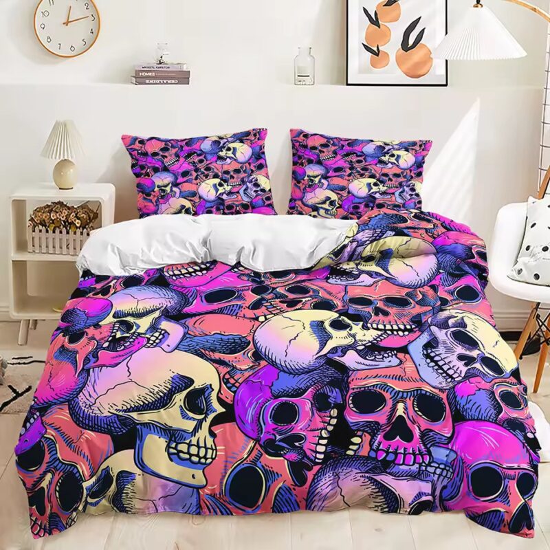 Vibrant Psychedelic Neon Skull Chaos Graphic Bedding Set