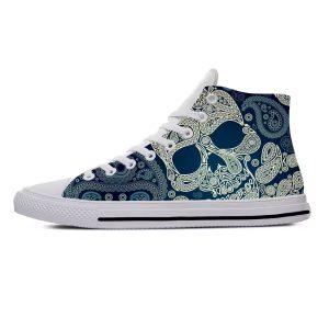 Boho Gothic Fusion Blue Paisley Skull High Top Sneakers