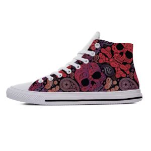 Boho Rebel Red Purple Paisley Skull White High Top Sneakers