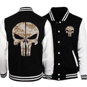 Brown Desert Camouflage Skull Black & White Varsity Jacket