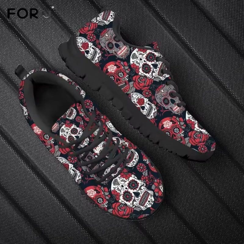 Dark Sugar Skull Red Rose Gothic Horror Low Top Sneakers