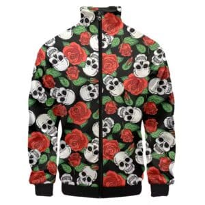 Gothic Bold Red Roses & Skulls Floral Bomber Jacket