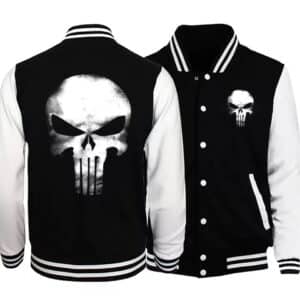 Gothic Distressed Skull Black & White Varsity Bomber Jacket