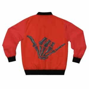 Gothic Skeleton Hand Shaka Pose Graphic Red Bomber Jacket