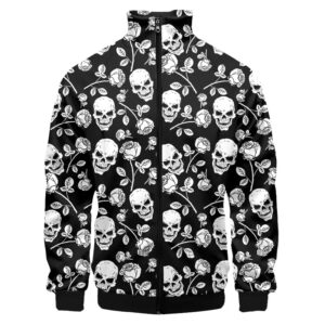 Gothic Skull & Roses Print Black and White Bomber Jacket