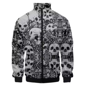 Harrowing Skulls Monochrome Floral Rose Bomber Jacket