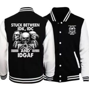 IDGAF Gangster Skull Skeleton Black & White Varsity Jacket