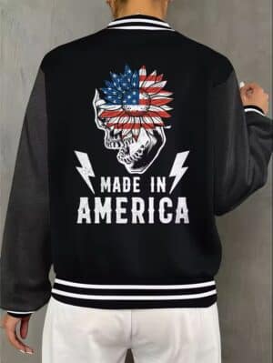 Made in America Flower Skull Flag Art Men's Varsity Jacket