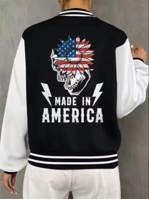 Made in America Flower Skull Flag Art Men's Varsity Jacket