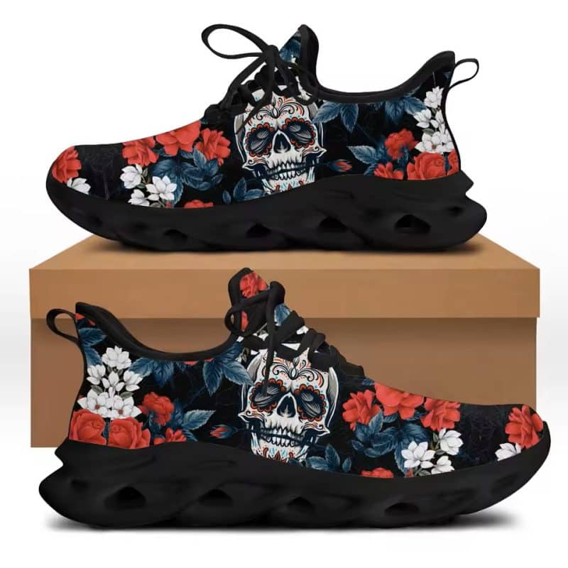 Midnight Gothic Floral Sugar Skull Black Low Top Sneakers