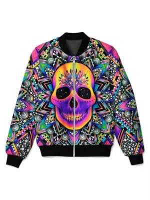 Psychedelic Cosmic Skull Mandala Print Bomber Jacket