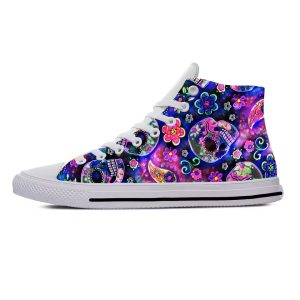 Psychedelic Floral Skull Artwork White High Top Sneakers