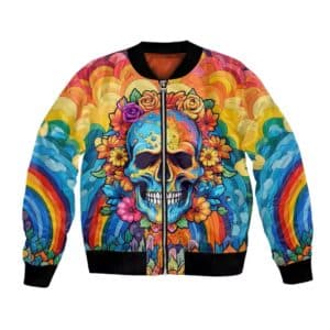 Psychedelic Rainbow Skull Vibrant Floral Bomber Jacket