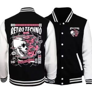 Retro Techno Cyberpunk Skull Vibrant Graphic Varsity Jacket