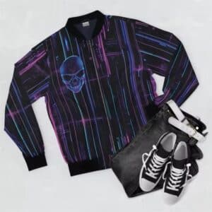 Vibrant Cyberpunk Skull Neon Grid Lines Bomber Jacket