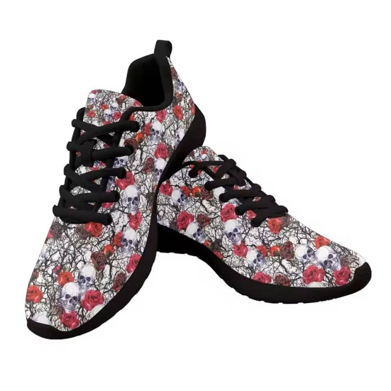 Vintage Skull and Rose Vine Black Lace-Up Low Top Sneakers