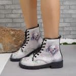 Mysterious Gothic Floral Skull Art White Women's Boots