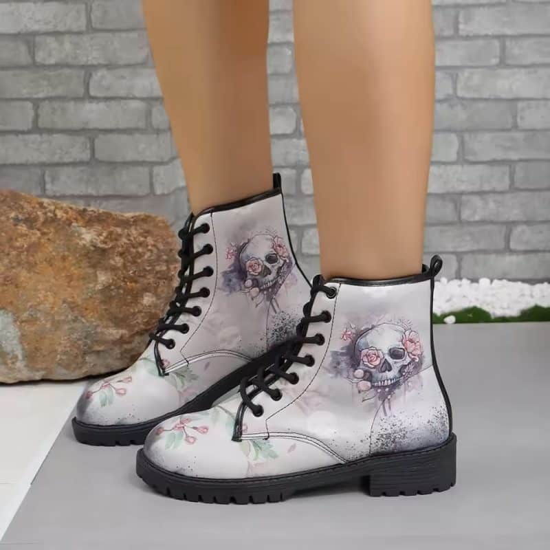 Mysterious Gothic Floral Skull Art White Women's Boots